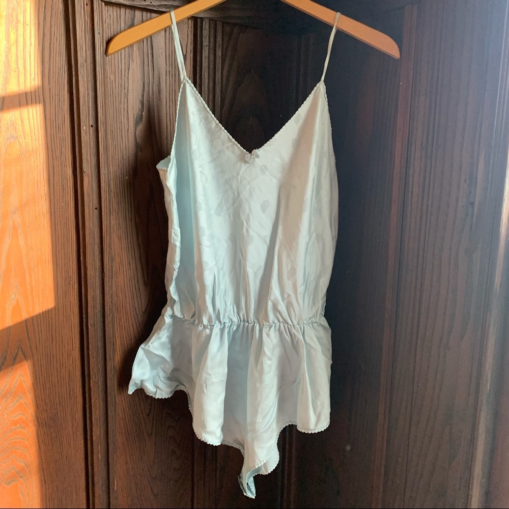 Tracy intimates 100% silk romper w small heart designs in soft blue